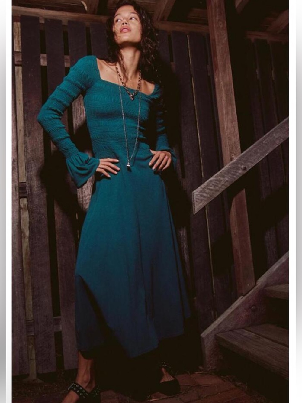 Free People Kiera Midi Dress Pacific Smocked Drop Waist Cottagecore Bell Sleeve